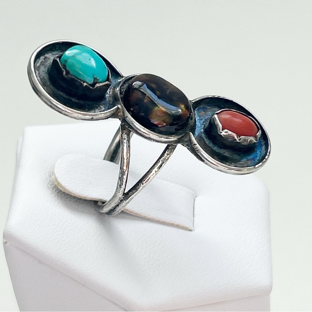Stunning Vintage Southwestern Turquoise Fire Agate Coral Sterling Silver Ring - Picture 5 of 11